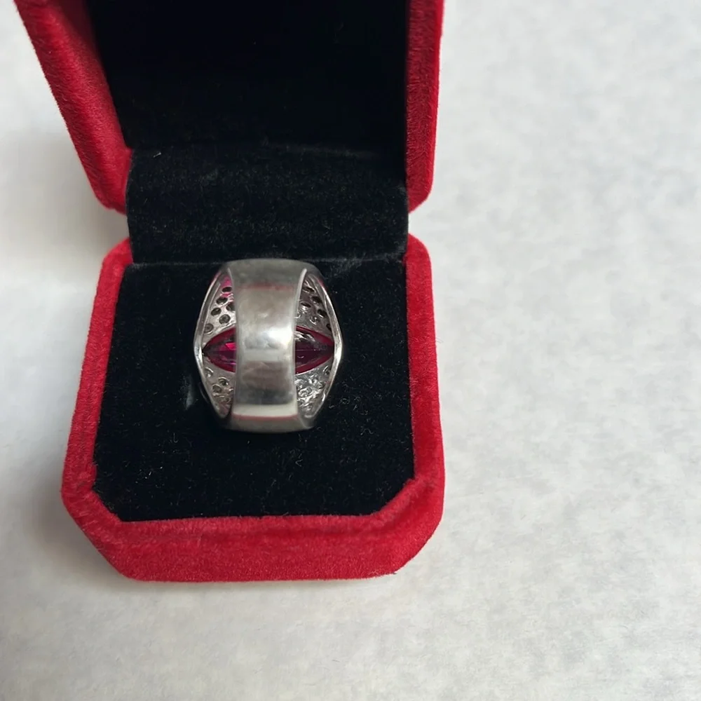 Silver Ring with Dark Pink Stone & Zirconia size 8